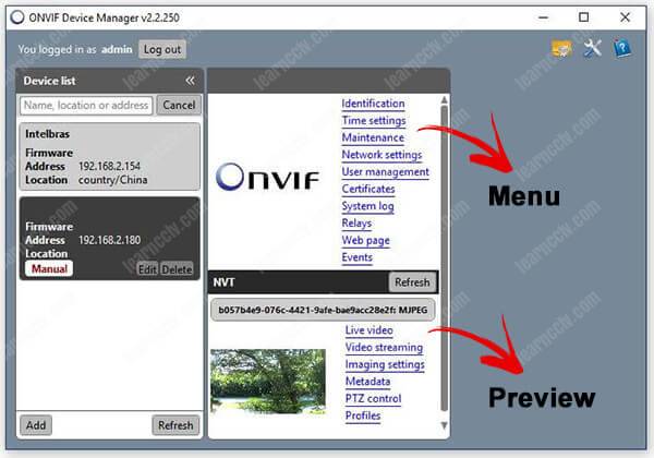 Onvif Device Manager password menu Onvif Device Manager password menu