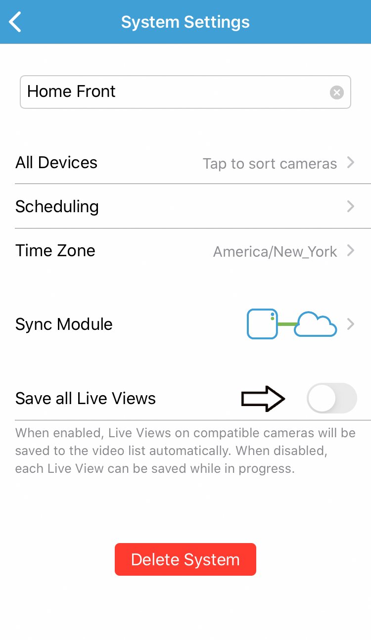 Using and troubleshooting the Blink app 56 toggle on "Save all Live Views"