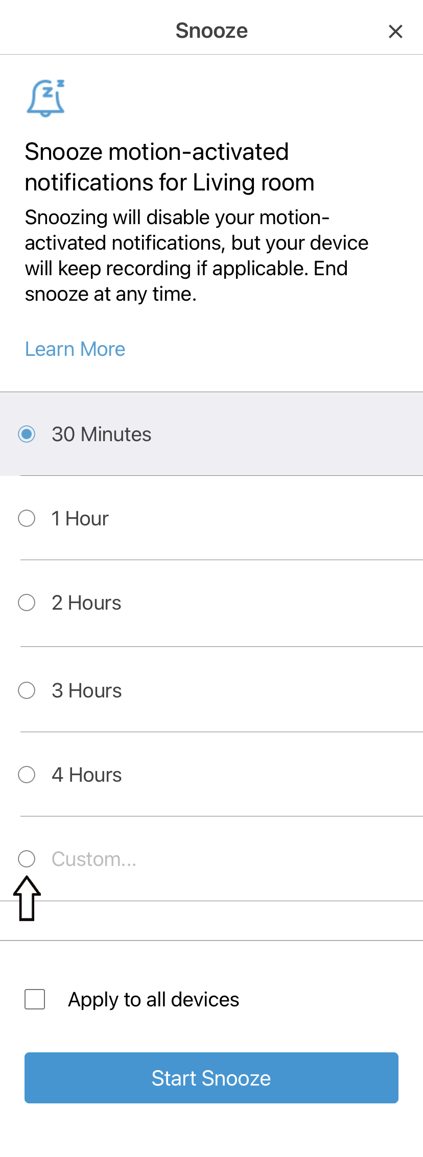 Using and troubleshooting the Blink app 85 https://d1rdbmlr0h5wfx.cloudfront.net/documents/images/en/snooze/custom/custom_snooze_tap.png