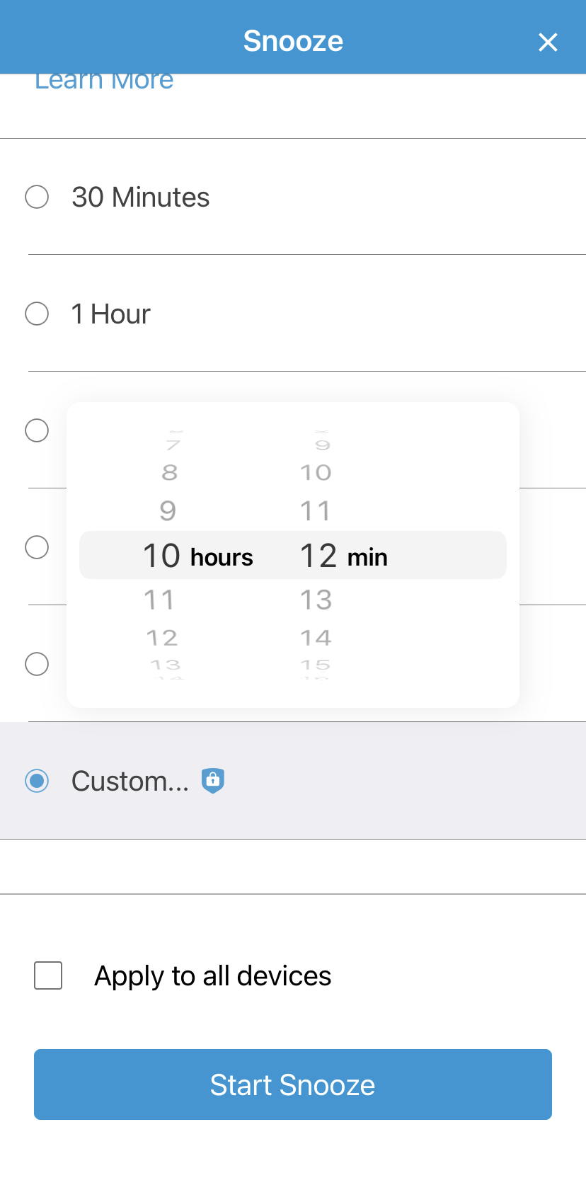 Using and troubleshooting the Blink app 86 https://d1rdbmlr0h5wfx.cloudfront.net/documents/images/en/subs/badges/snooze_custom_select.png