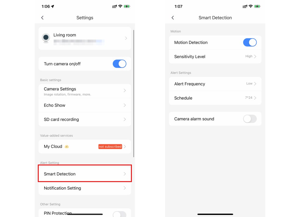 Motion Detection Settings - yi iot