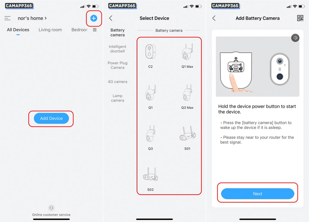 Open the Anran APP, register and log in. Then click on ‘Add Device’ or ‘+’ to connect your camera, select your Anran camera and click on Next.