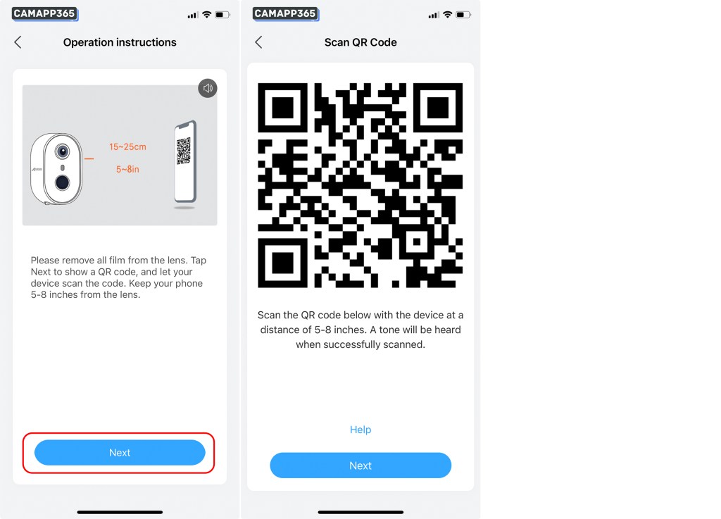 Please remove all film from the lens. Tap Next to show a QR code, and let your device scan the code. Keep your phone 5-8 inches from the lens.