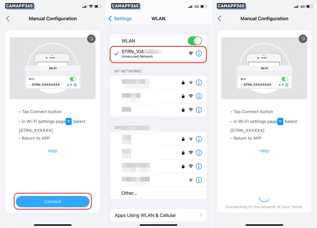 Click on the ‘Connect’a button, then go to the phone settings to connect to the [STRN_XXXXXX] camera wifi, and return to the Anran APP after connecting.