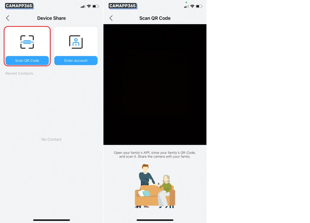 Open your family’s APP, show your family’s QR-Code. and scan it. Share the camera with your family.