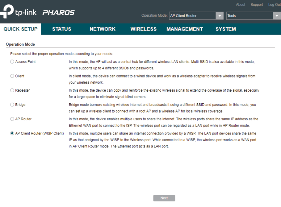How to Configure Pharos Device 41 https://www.tp-link.com/us/configuration-guides/quick_start_guide_cpe_and_wbs_/quick_start_guide_cpe_and_wbs_-web-resources/image/configure_ap_client_router1.png