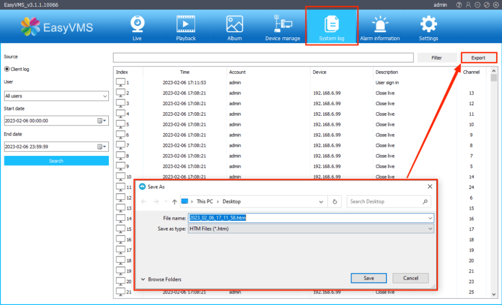 P6SLite EasyVMS Installation Guide 59 Client logs