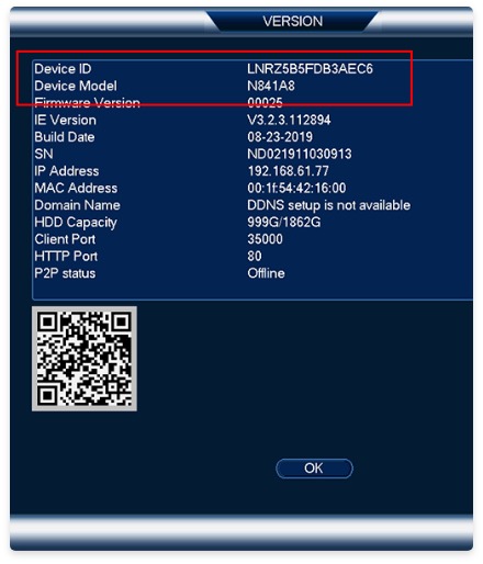 example of where to find device model number from your recorder screen