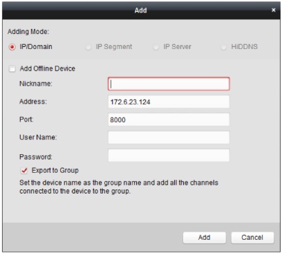 How To Configure Hikvision iVMS-4200 10 https://gomate.co.uk/support/images/knowledge/dialoguebox-addingdevice.jpg