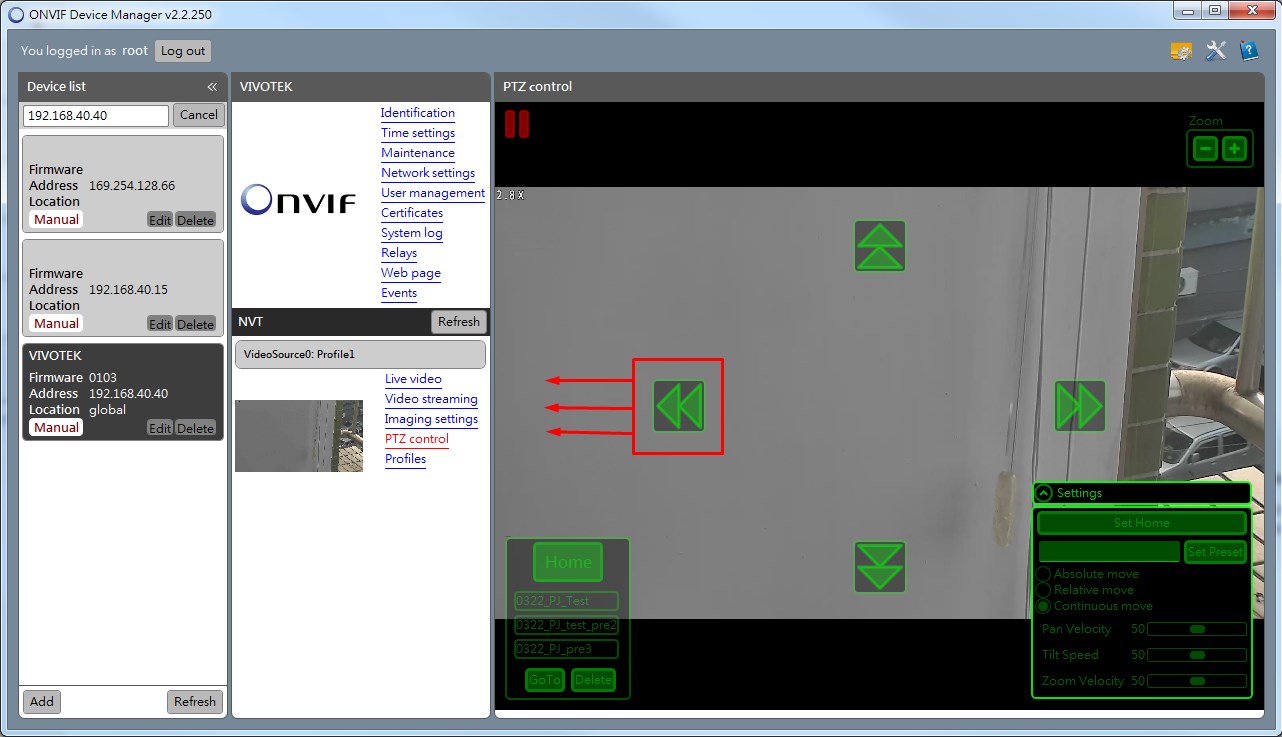 How to test PTZ functionalities in the ONVIF Device Manager