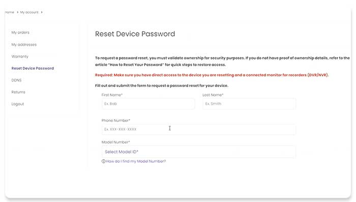 password recovery screen from lorex app