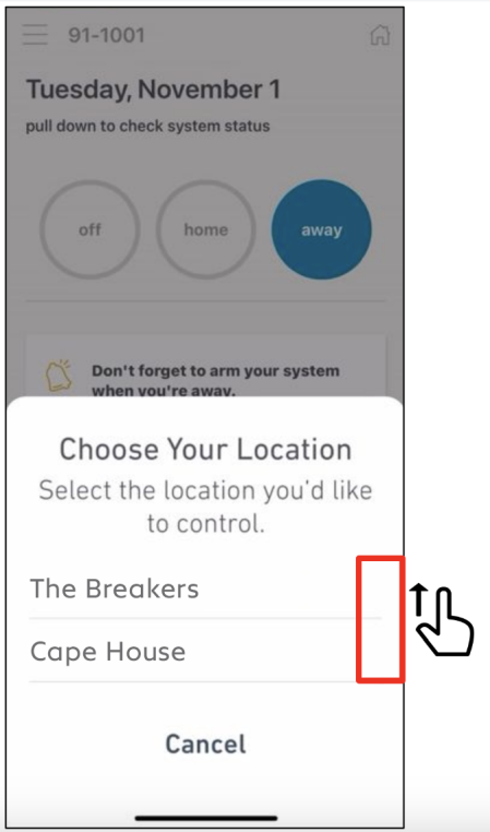 The Choose Your Location screen in the SimpliSafe® Mobile App, with an arrow on the right side of the screen displaying where to scroll to find multiple locations on your account.