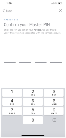 Confirm Master PIN screen on SimpliSafe® mobile app