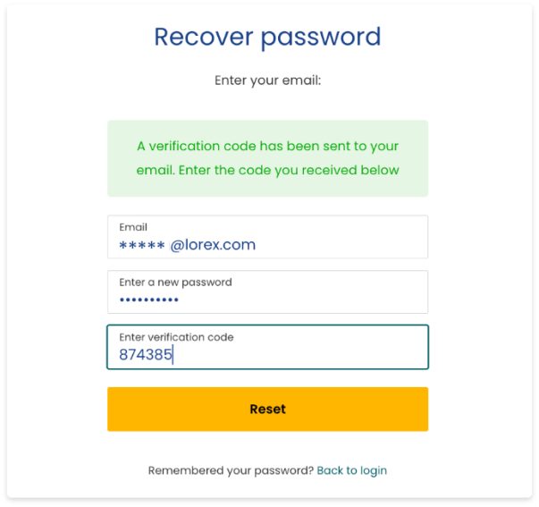 recover password page on lorex website 603w567h