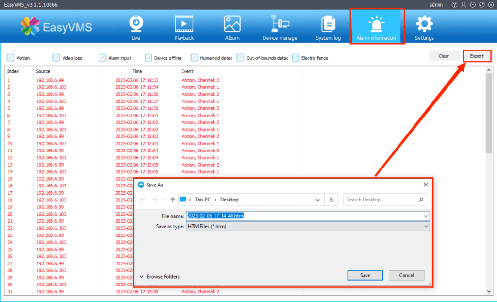 P6SLite EasyVMS Installation Guide 61 View alarm information