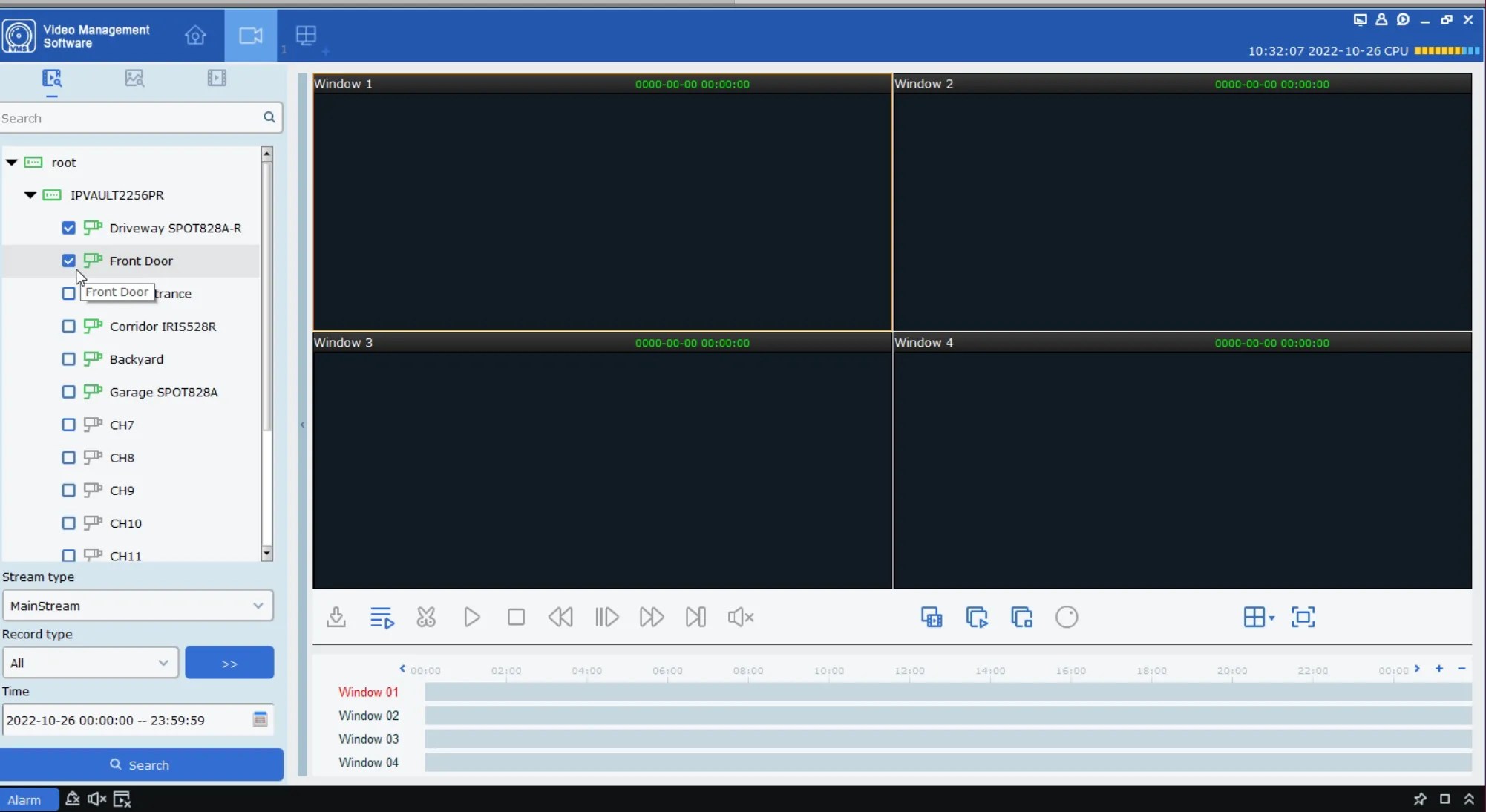 VMS root IPVAULT2256PR SELECT CAMERAS TO CHECK